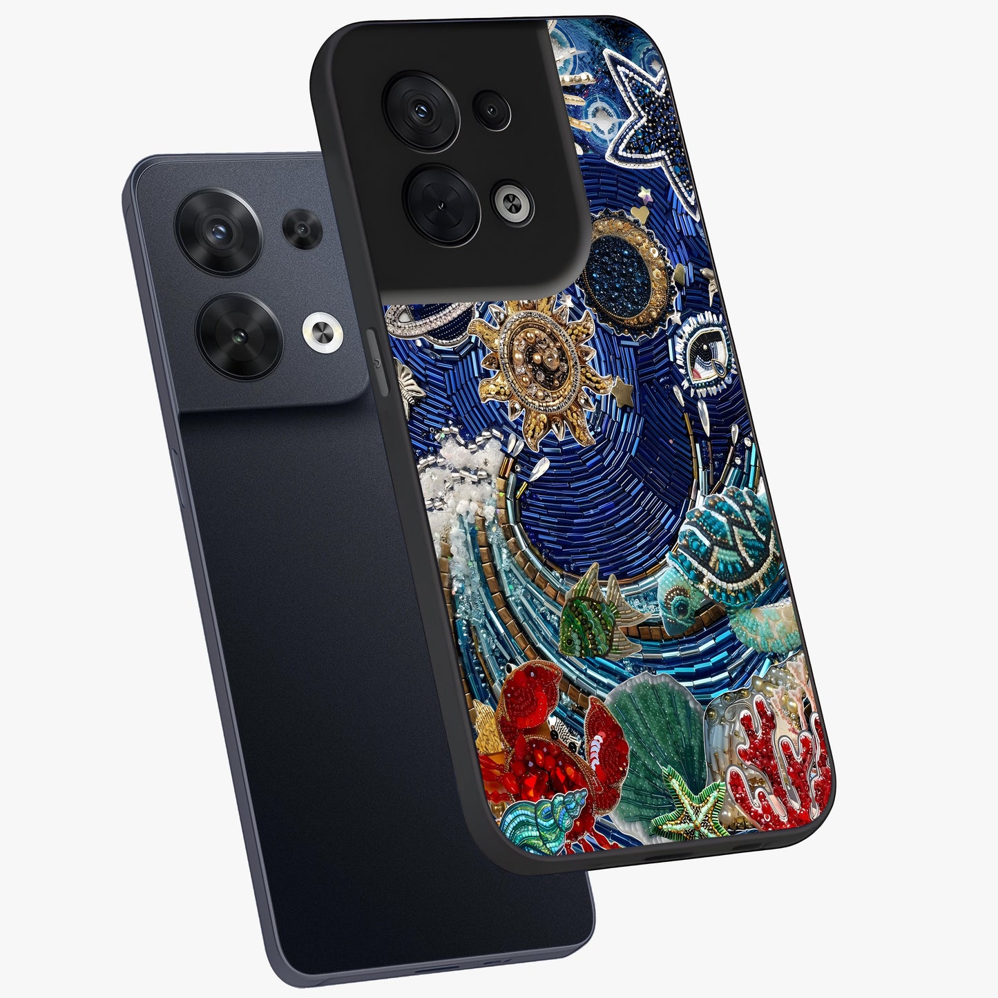 Universe Underwater Spark Glass Case displayed in angled mockup highlighting glowing aquatic design with celestial aesthetic.