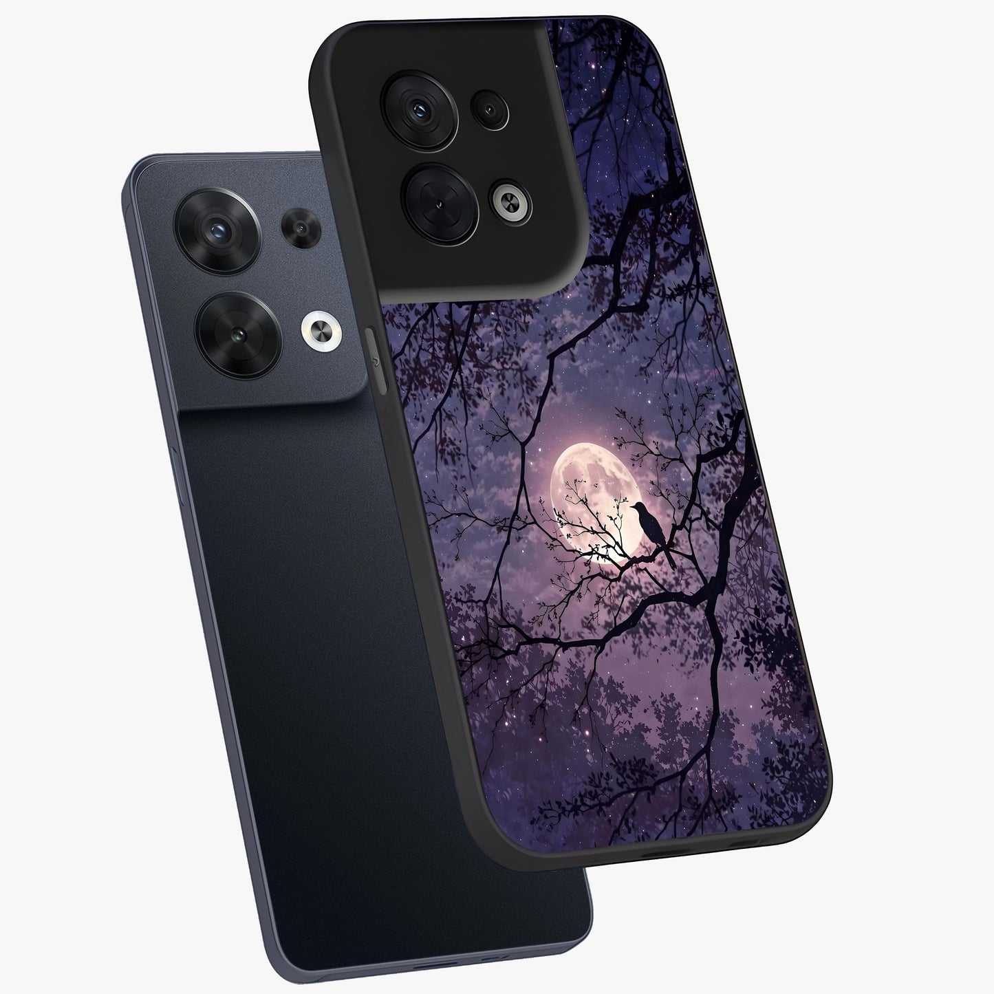 Whispering Moon Silence Glass Case displayed in angled mockup highlighting calm lunar design with dreamy night aesthetic.