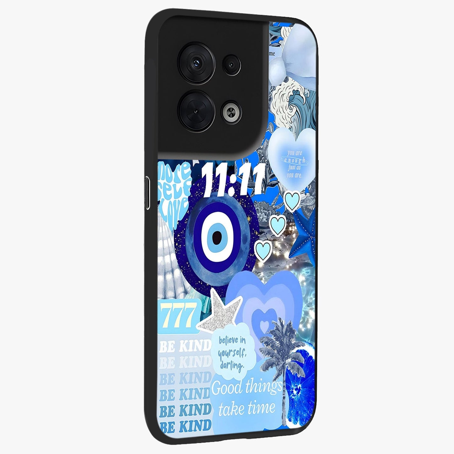 Aesthetic Be Kind Eye Glass Case upright view showcasing stylish eye illustration with positive message theme.