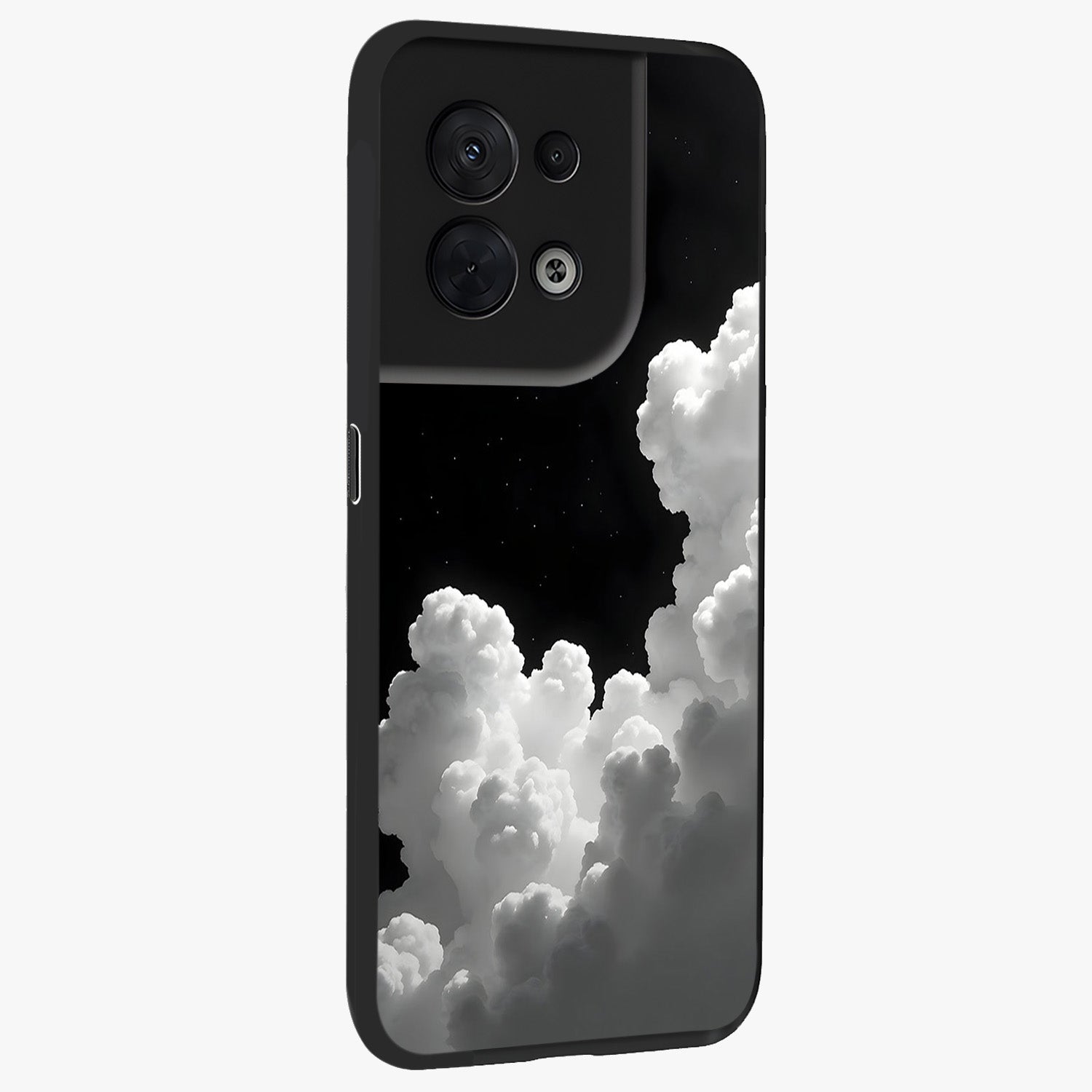 Black Background With White Cloud Glass Case upright view showcasing calm cloud aesthetic with modern minimal style.
