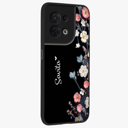 Black Elegance Floral Custom Name Glass Case upright view showcasing luxurious black floral design with personalized name detail.