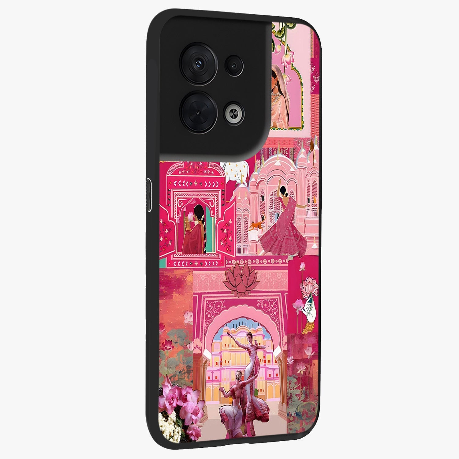 Blossoms of Rajasthan Glass Case upright view showcasing colorful floral design inspired by traditional Indian art.