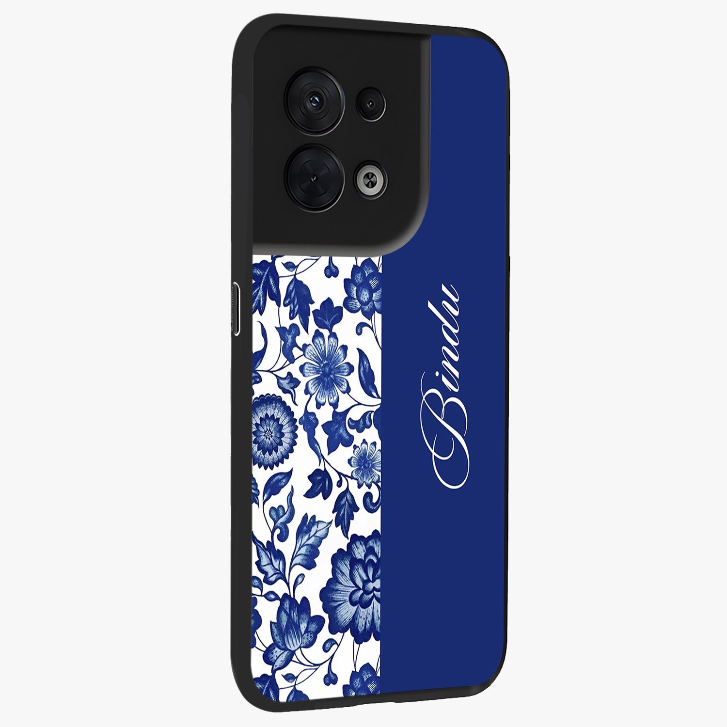 Blue Vintage Floral Pattern Glass Case upright view showcasing delicate blush floral texture with modern minimal style.