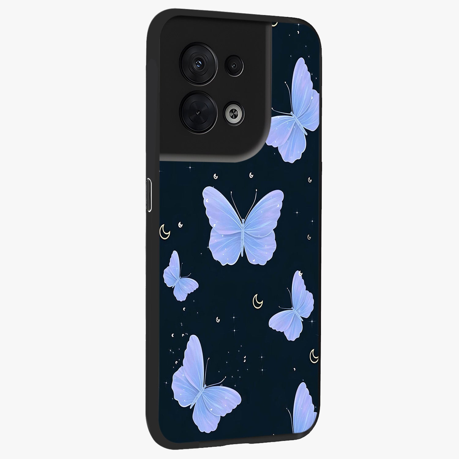 Butterfly With Stars Pattern Glass Case upright view showcasing celestial butterfly artwork with sparkling star elements.