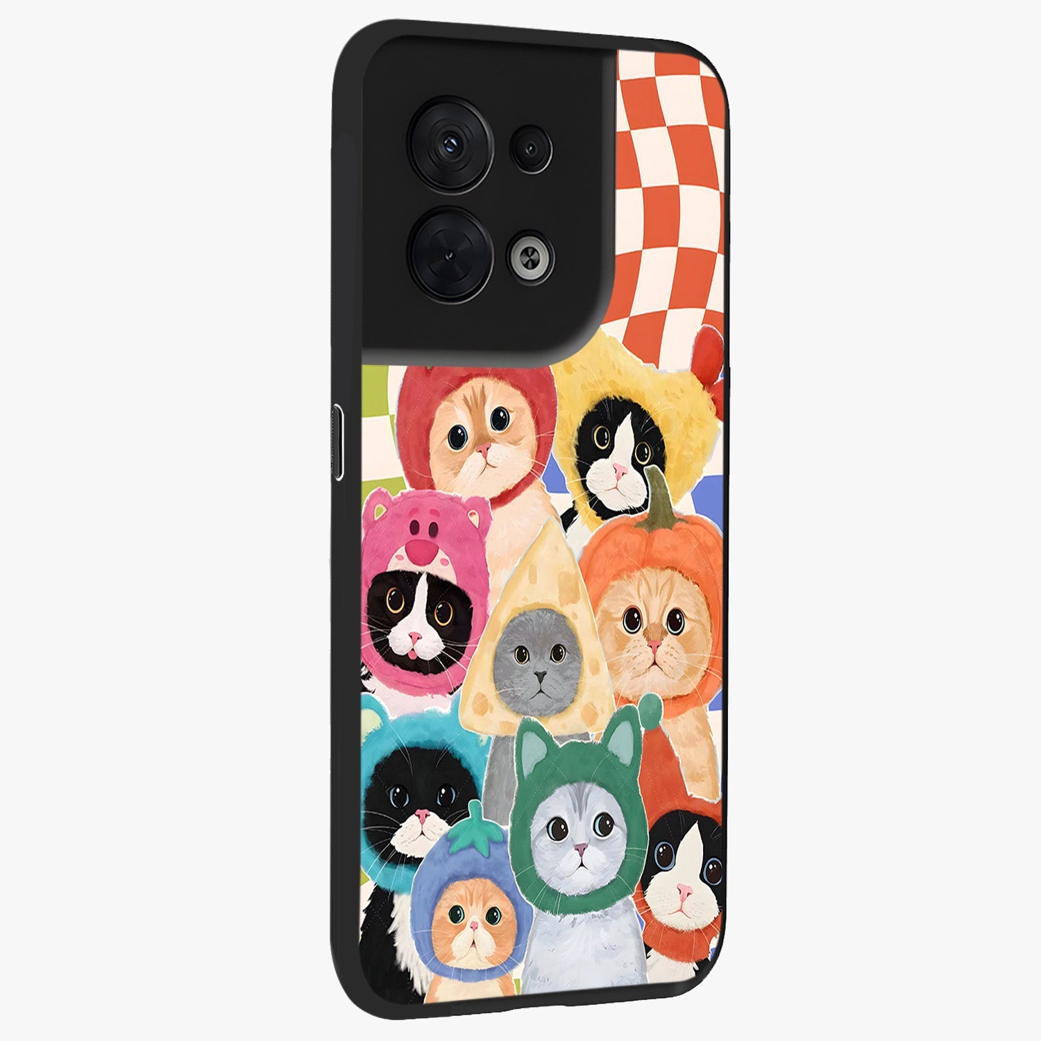 Cats in Fruits Glass Case upright view showcasing charming cat artwork with fun fruity theme.