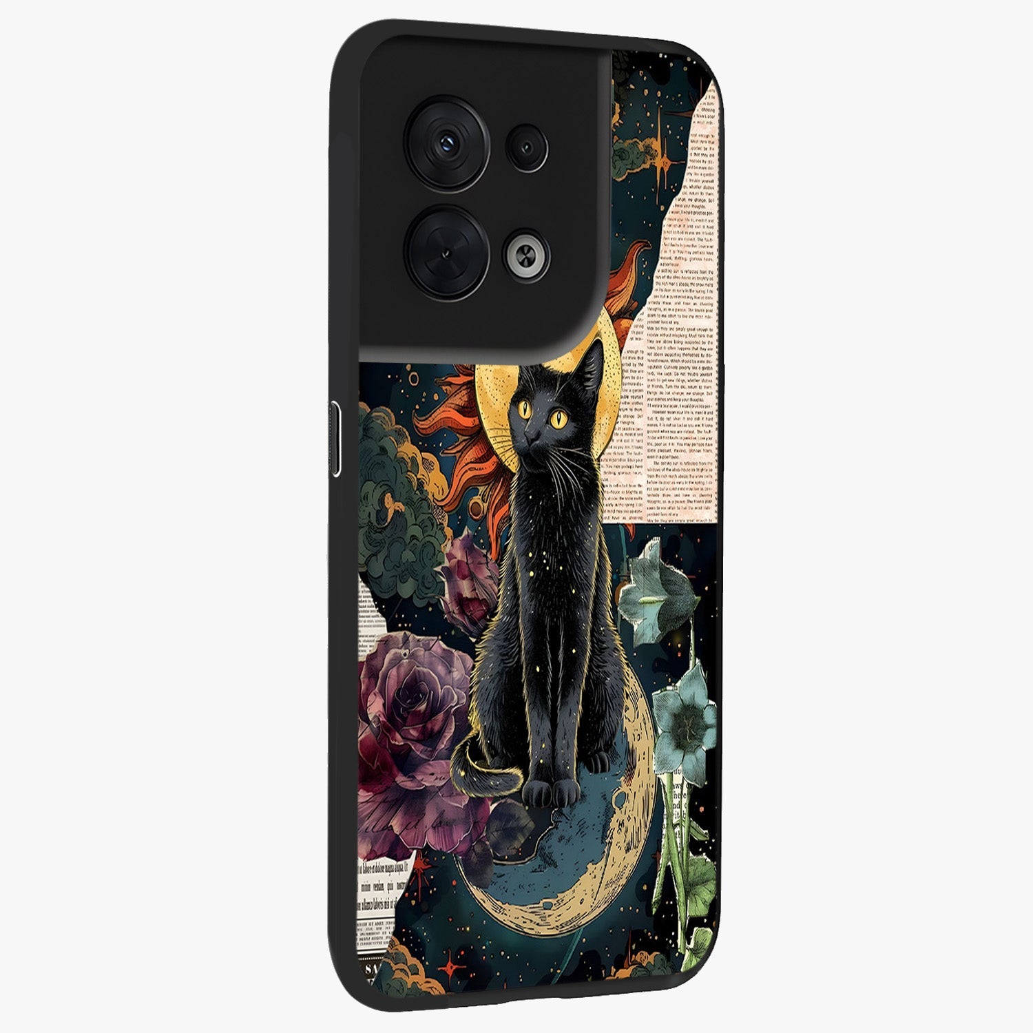 Celestial Black Cat Glass Case upright view showcasing magical black cat illustration with starry cosmic theme.