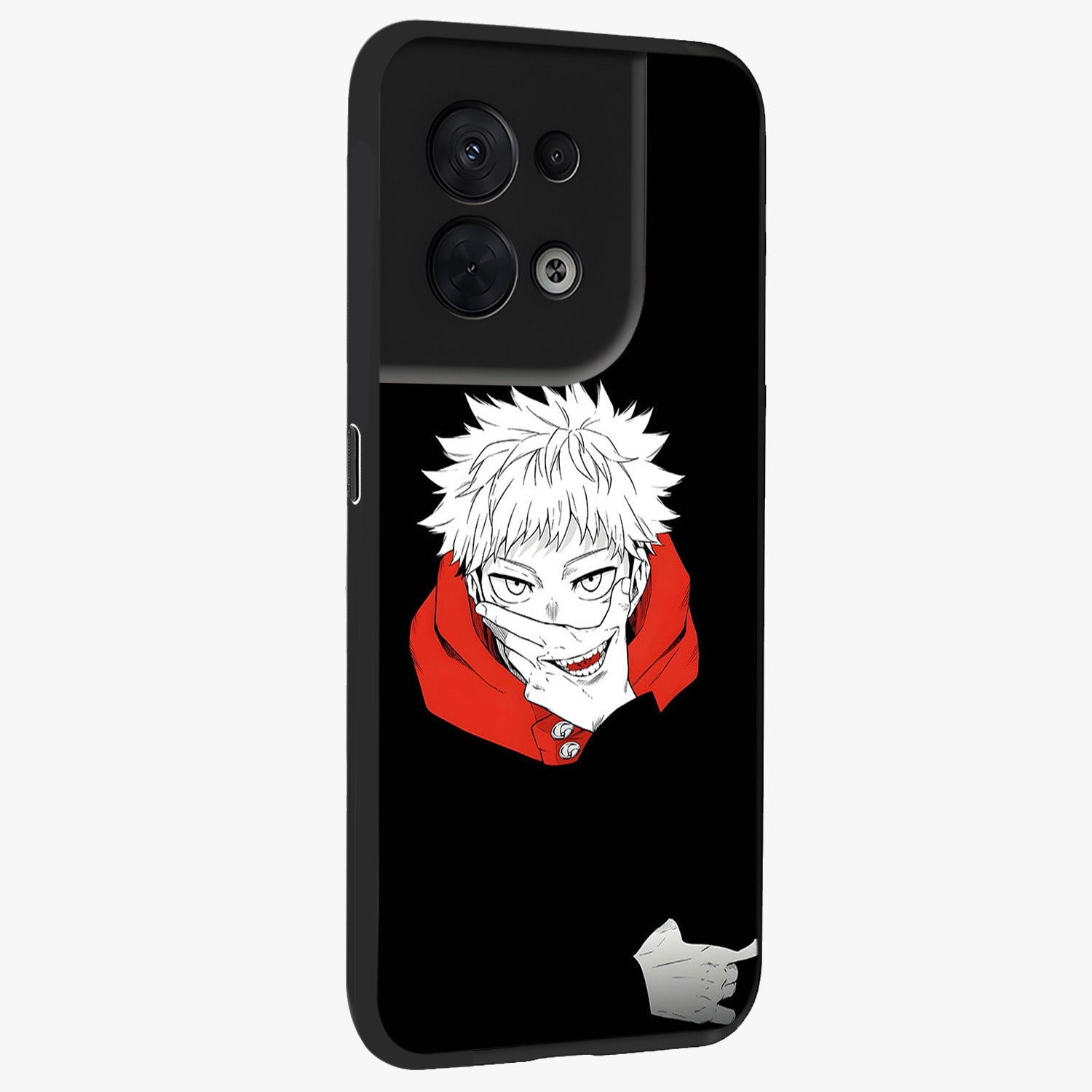 Crimson Chaos Smile Glass Case upright view showcasing expressive chaotic artwork with striking visual theme.