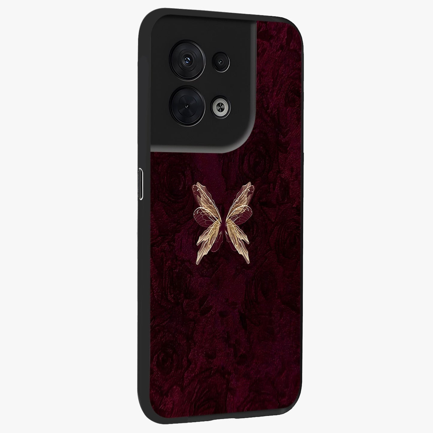 Crimson Fade Butterfly Glass Case upright view showcasing graceful butterfly artwork with soft crimson fade effect.