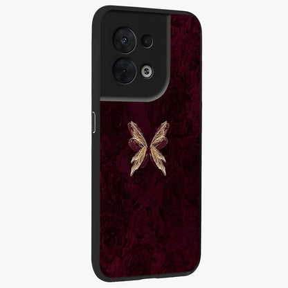 Crimson Fade Butterfly Glass Case upright view showcasing graceful butterfly artwork with soft crimson fade effect.