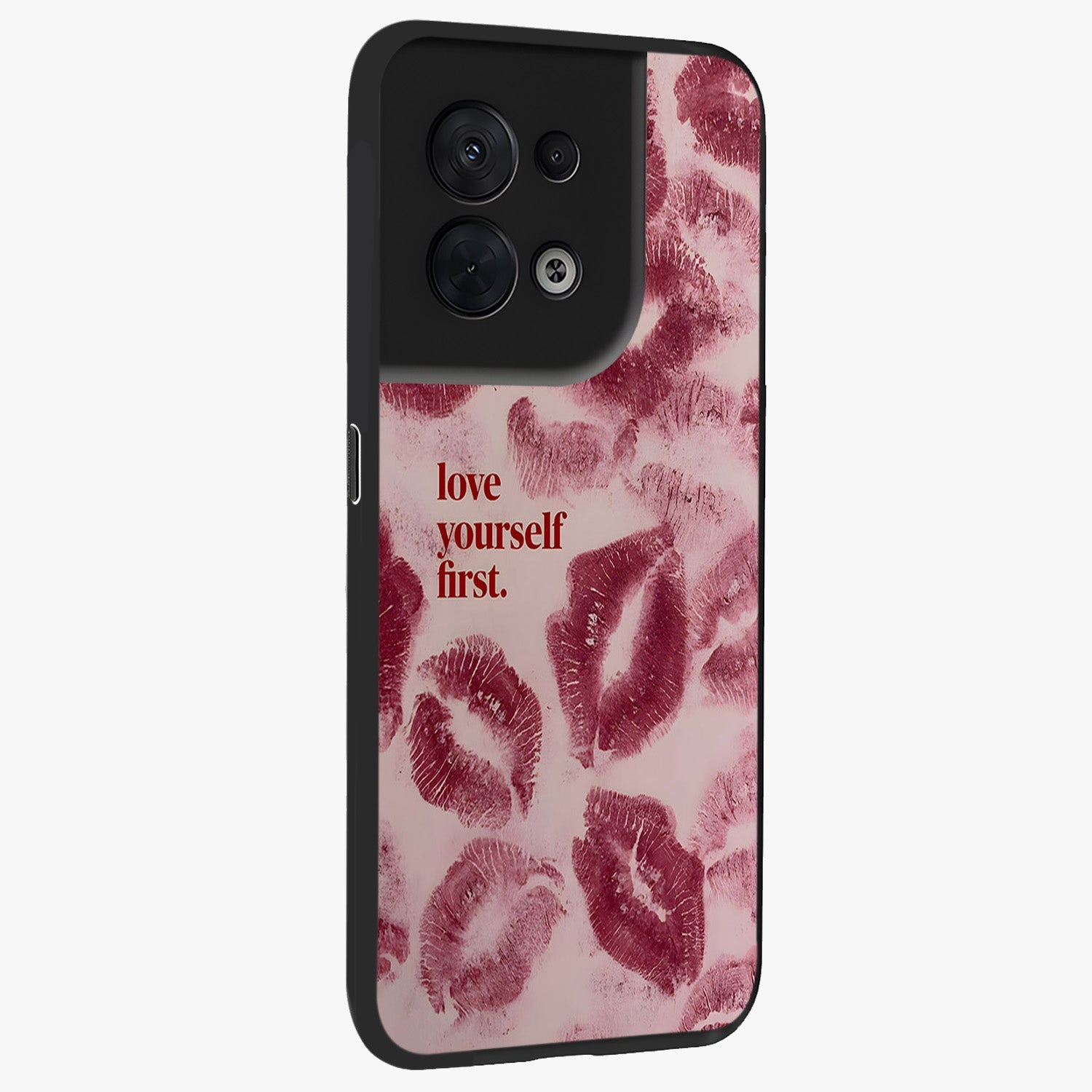 Crimson Kiss Love Glass Case upright view showcasing expressive romantic artwork with deep crimson theme.