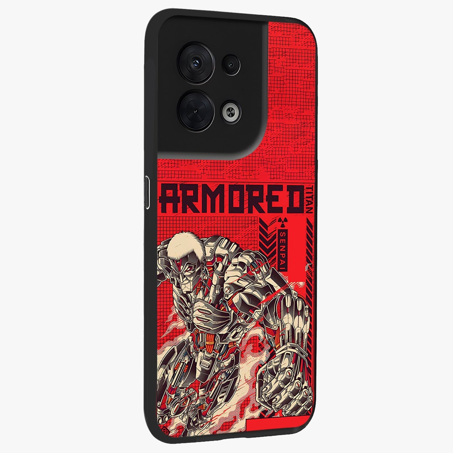 Crimson Mecha Titan Glass Case upright view showcasing dynamic robotic titan design with sci-fi inspired theme.