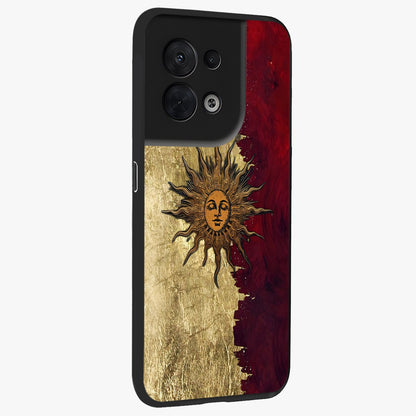 Crimson Sun Majesty Glass Case upright view showcasing vibrant sun artwork with powerful celestial theme.