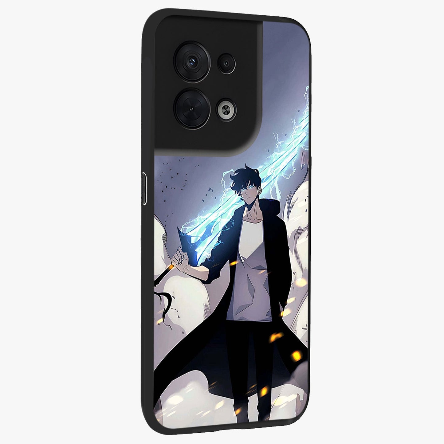 Dark Lightning Anime Warrior Glass Case upright view showcasing dramatic warrior artwork with dark lightning aesthetic.