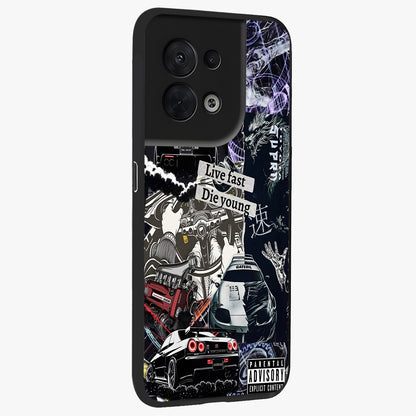 Die Young Glass Case upright view showcasing striking typography artwork with modern statement theme.