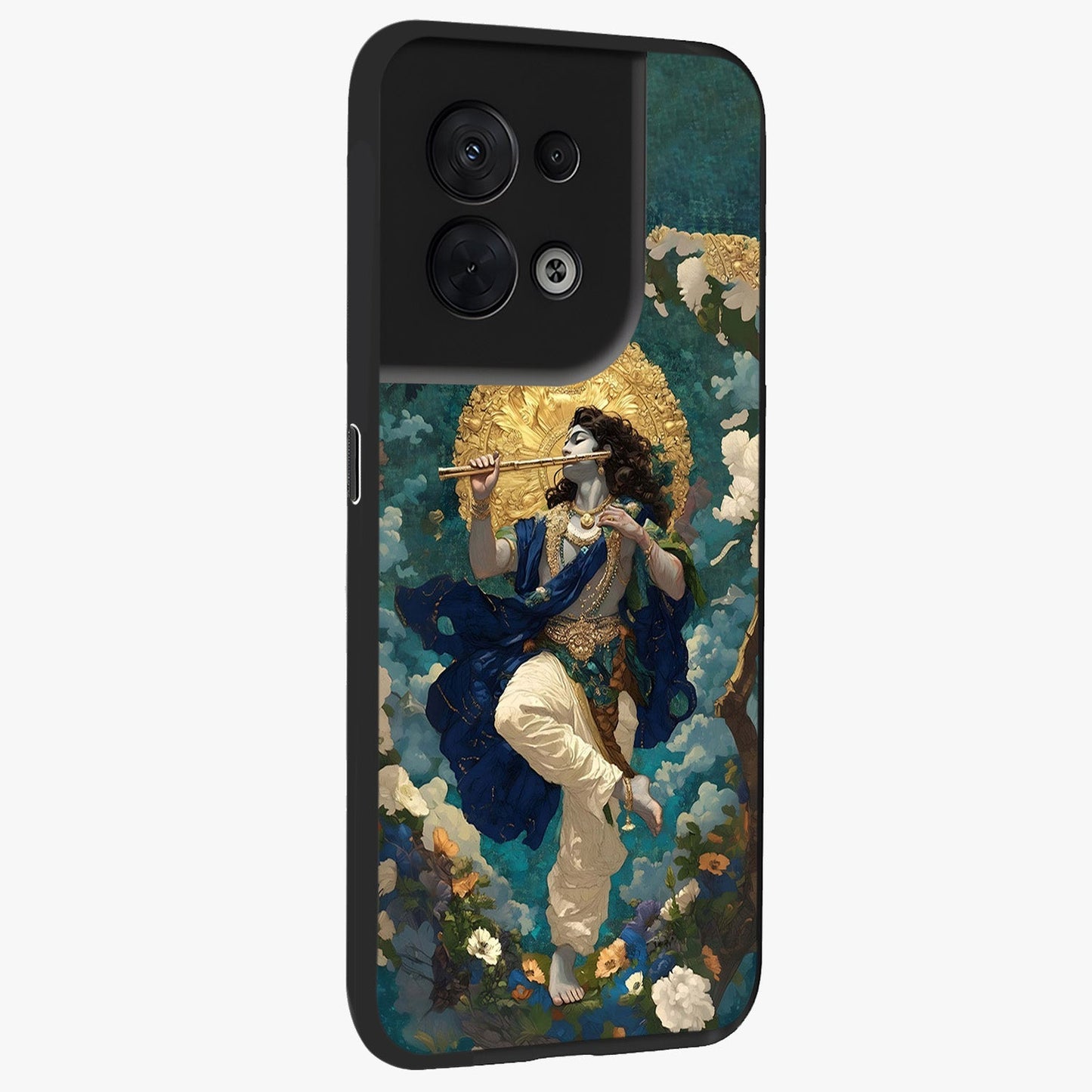 Divine Krishna Art Glass Case upright view showcasing divine Krishna artwork with sacred artistic theme.
