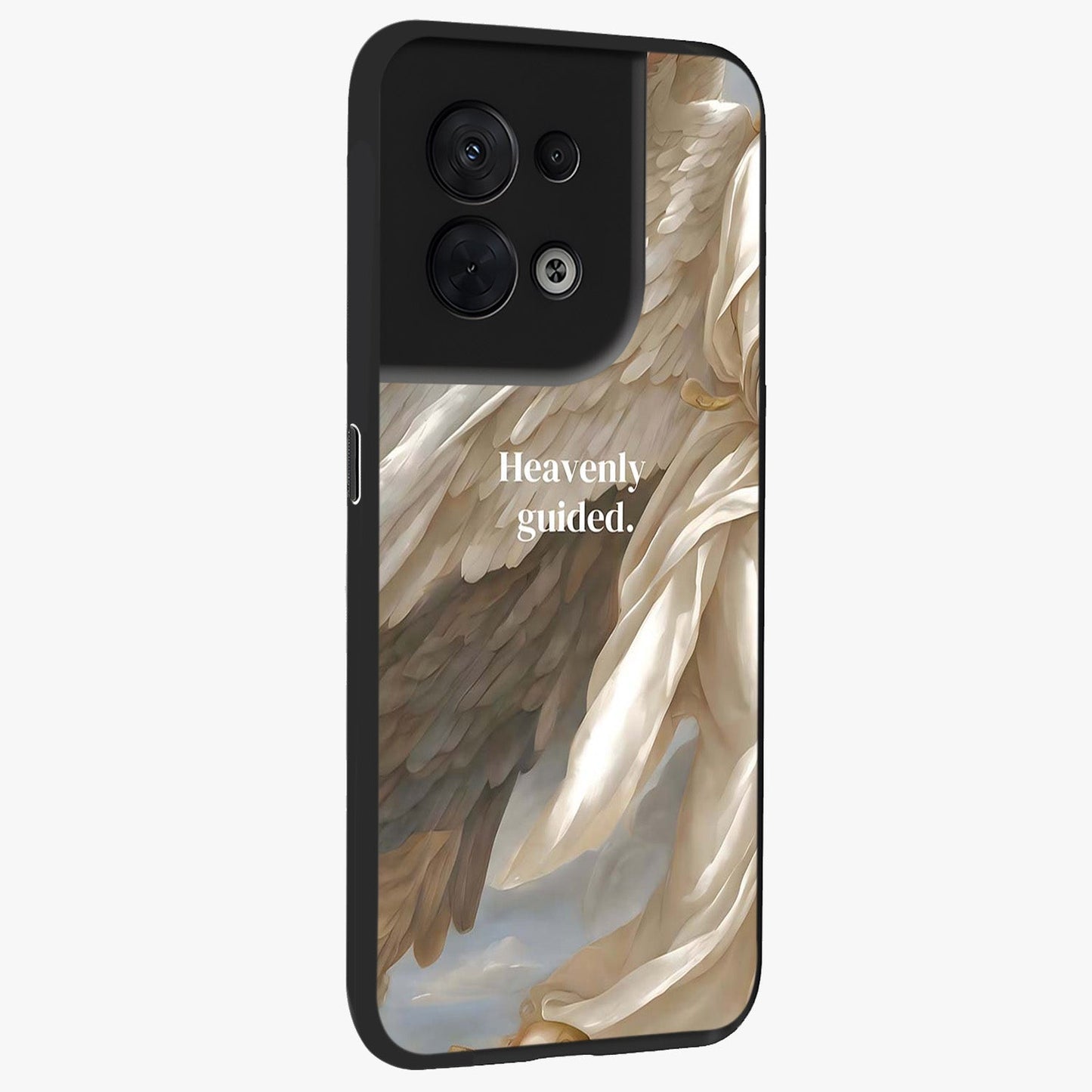 Divine Winged Grace Glass Case upright view showcasing spiritual wing artwork with soft celestial theme.