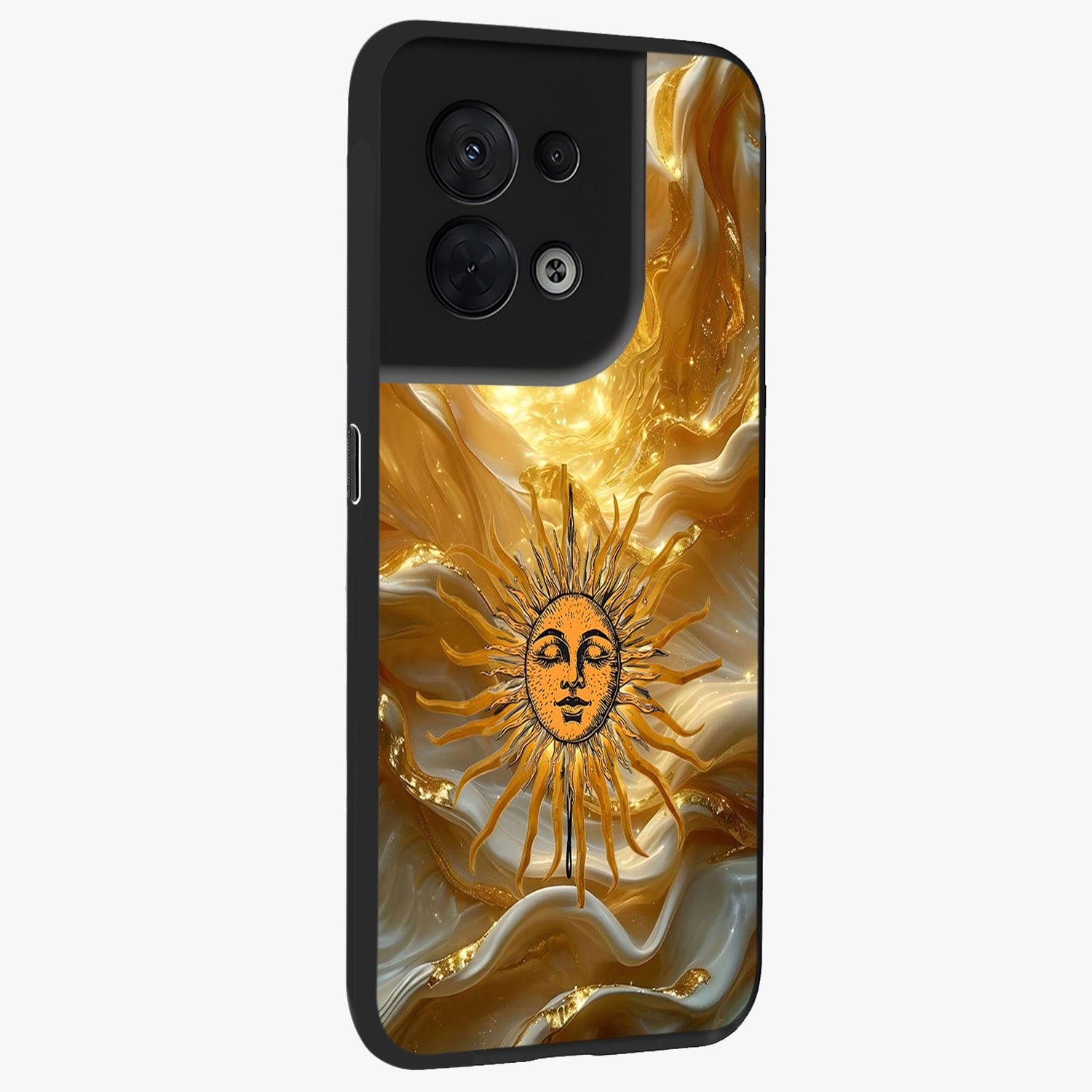 Eternal Golden Glow Glass Case upright view showcasing luminous golden artwork with luxurious visual theme.