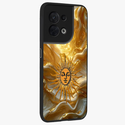 Eternal Golden Glow Glass Case upright view showcasing luminous golden artwork with luxurious visual theme.
