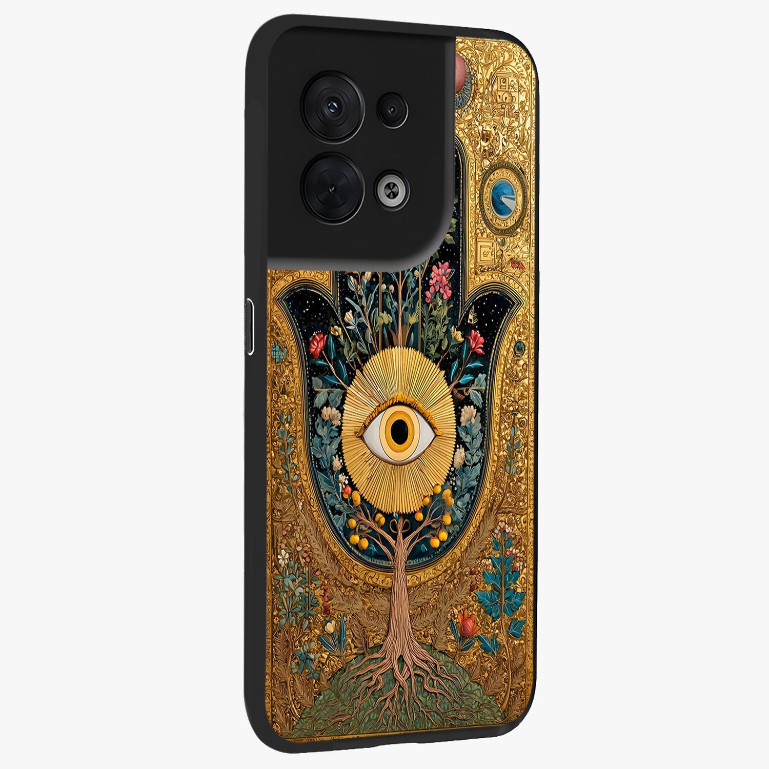 Ethereal Evil Eye Glass Case upright view showcasing celestial evil eye artwork with mystical theme.