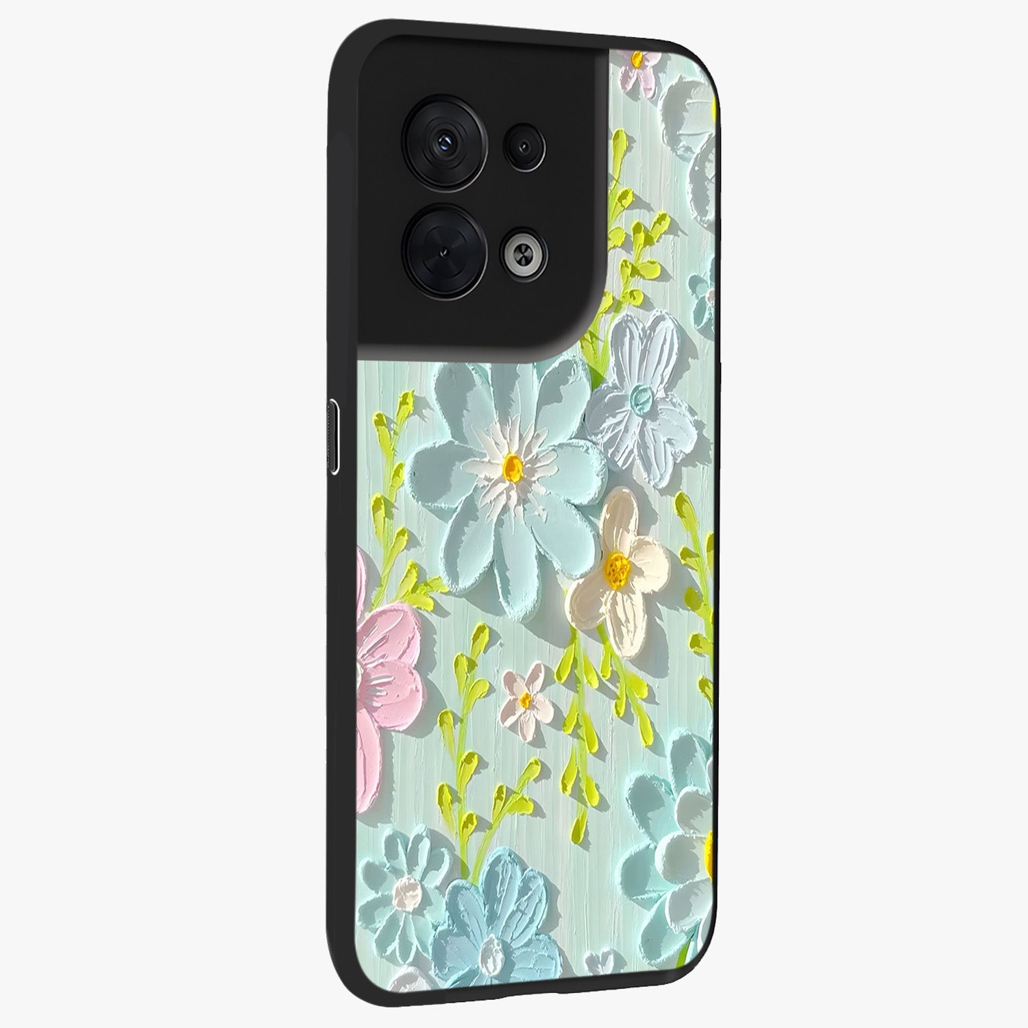Frosted Petal Garden Glass Case upright view showcasing elegant floral garden artwork with soothing pastel theme.