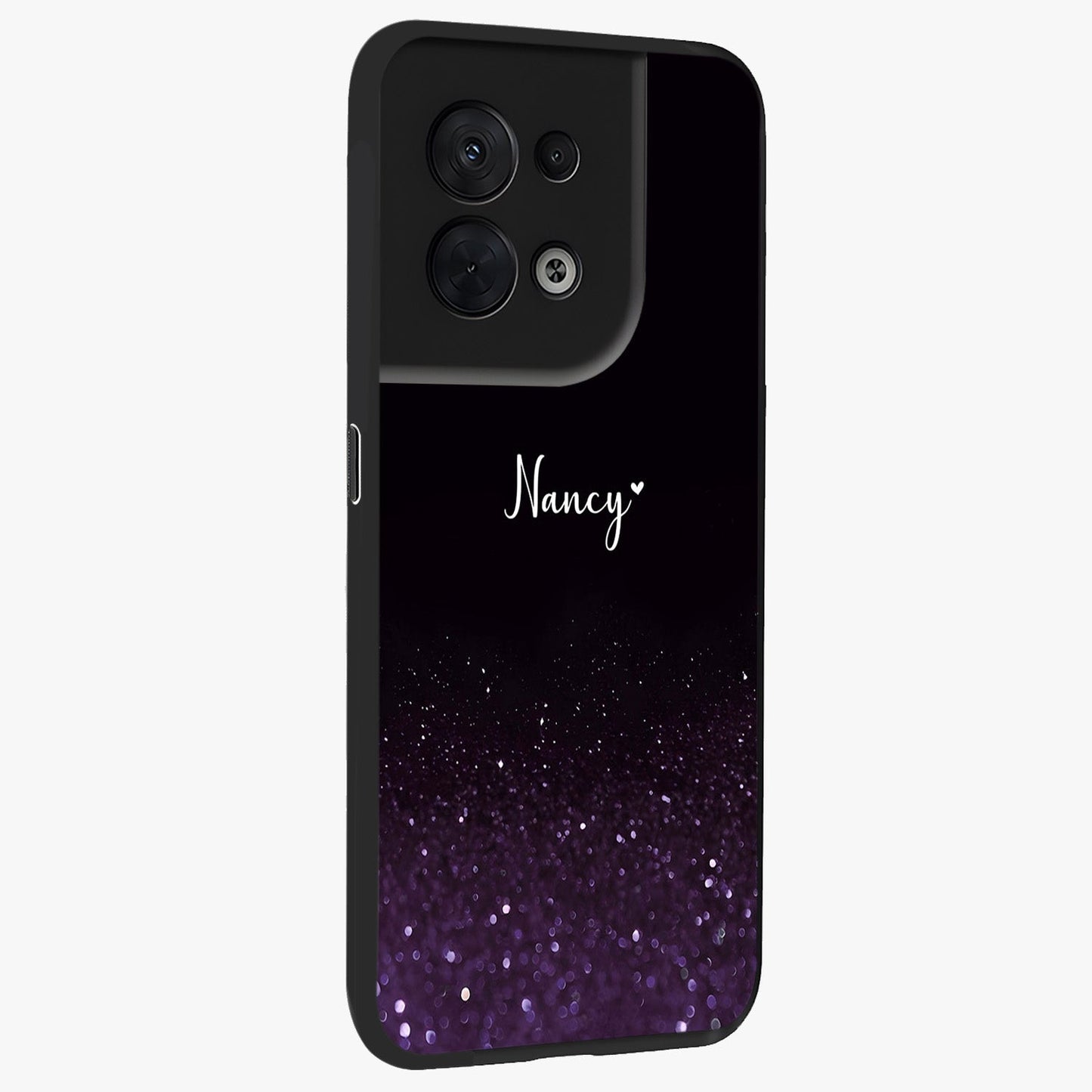 Glittery Purple Bokeh Custom Name Glass Case upright view showcasing vibrant purple sparkle artwork with personalized aesthetic style.
