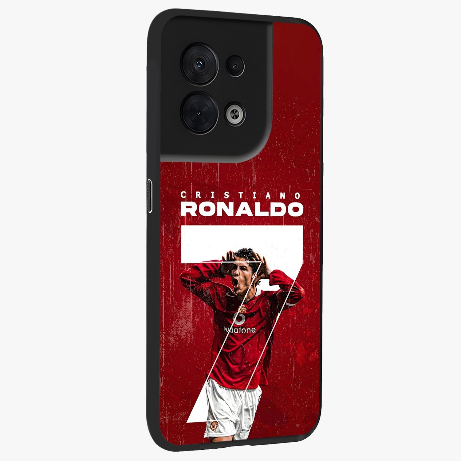 Goal Celebration Legacy Glass Case upright view showcasing dynamic football inspired artwork with victory celebration aesthetic.