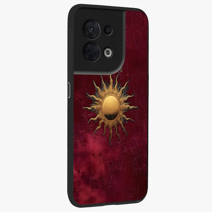 Golden Sun Minimalism Glass Case upright view showcasing simple golden sun artwork with elegant minimalist style.