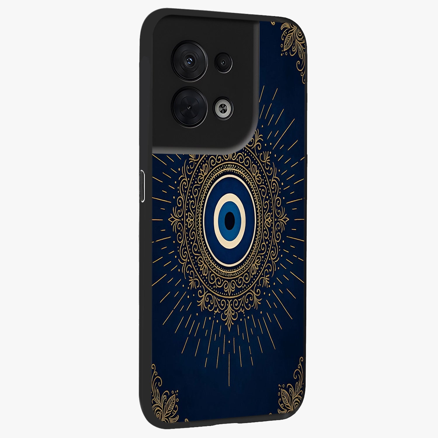 Golden Celestial Charm Glass Case upright view showcasing radiant celestial artwork with elegant golden theme.