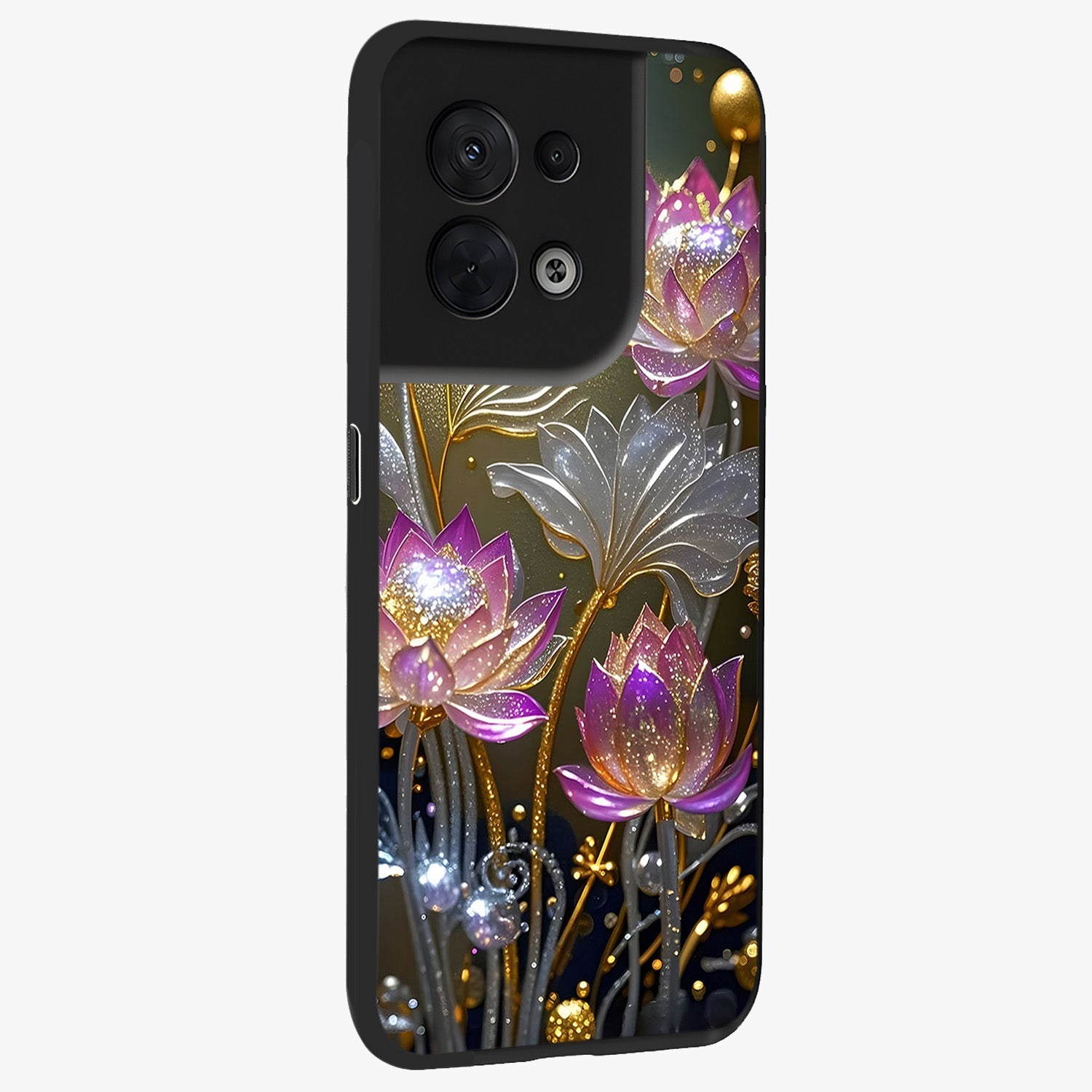 Golden Floral Majesty Glass Case upright view showcasing majestic floral artwork with rich decorative theme.