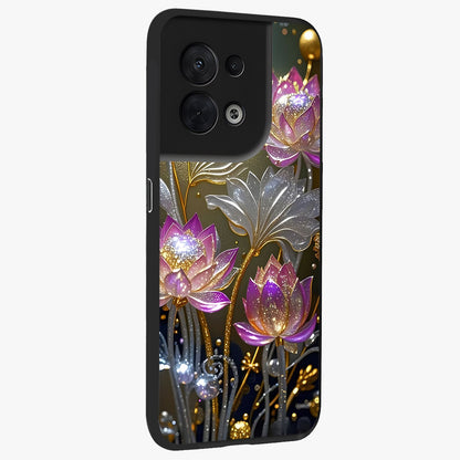 Golden Floral Majesty Glass Case upright view showcasing majestic floral artwork with rich decorative theme.