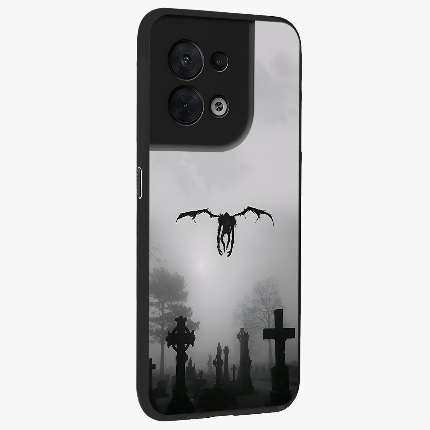 Graveyard Shadow Descent Glass Case upright view showcasing haunting graveyard artwork with dramatic dark theme.