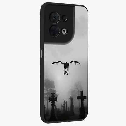 Graveyard Shadow Descent Glass Case upright view showcasing haunting graveyard artwork with dramatic dark theme.