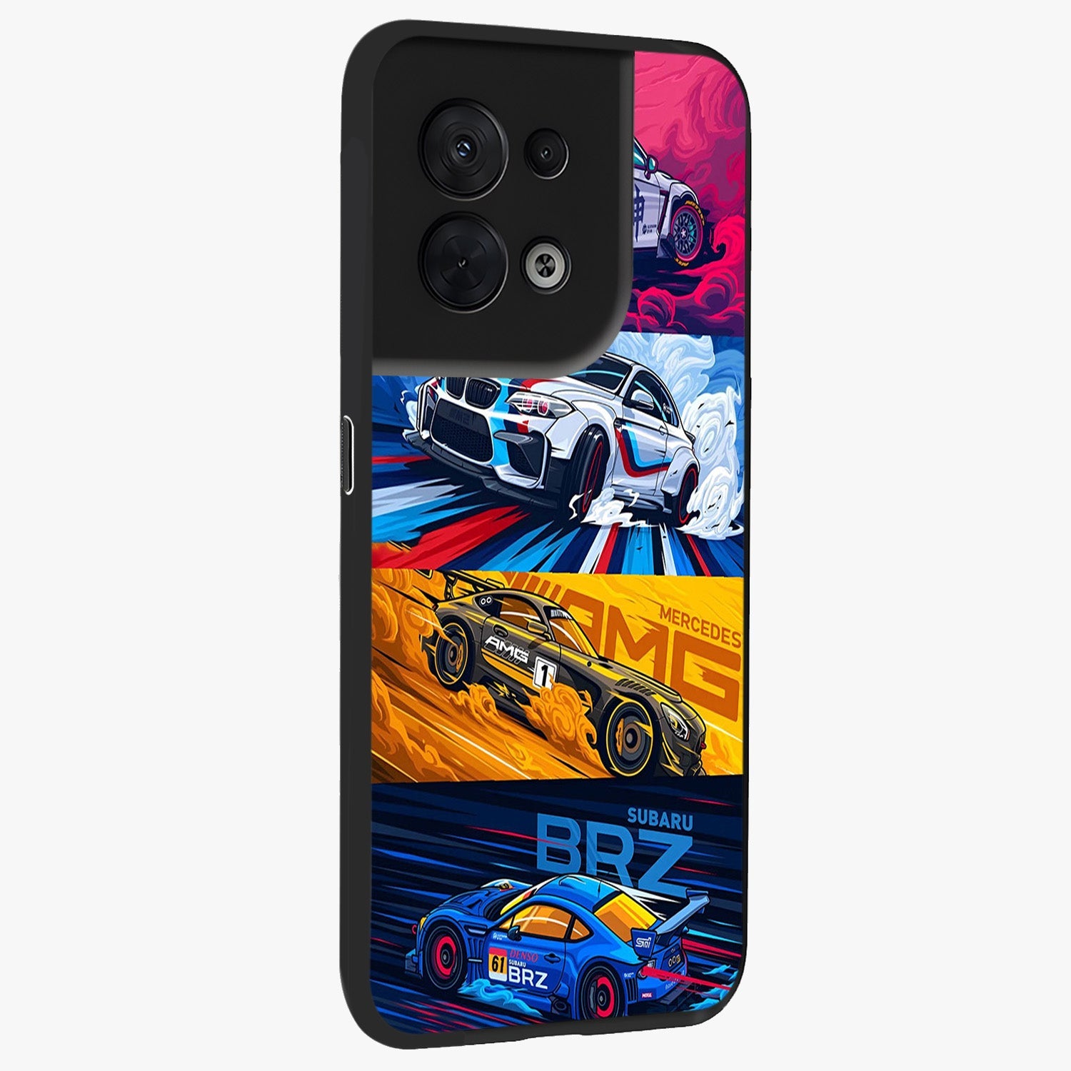JDM Sports Car Glass Case upright view showcasing dynamic sports car artwork with bold racing theme.