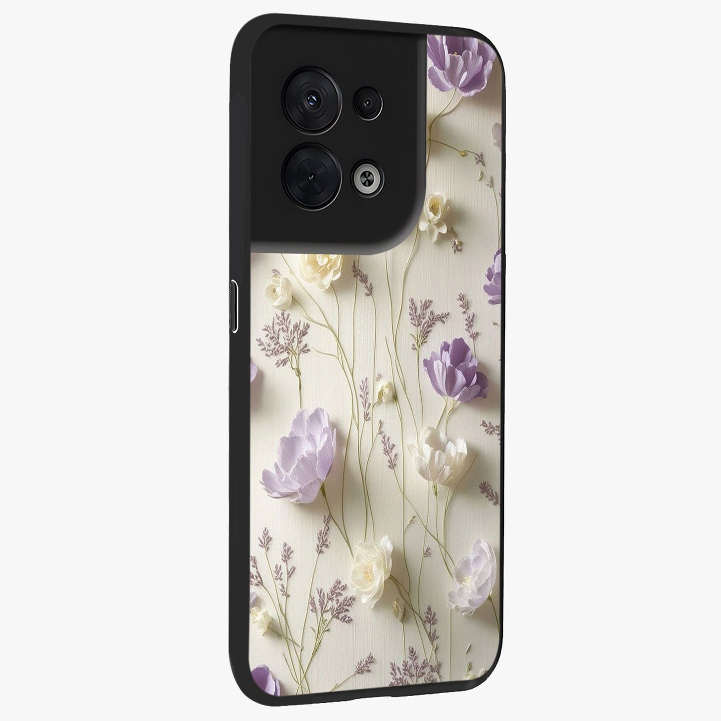 Lilac Breeze Harmony Glass Case upright view showcasing delicate lilac artwork with peaceful floral theme.