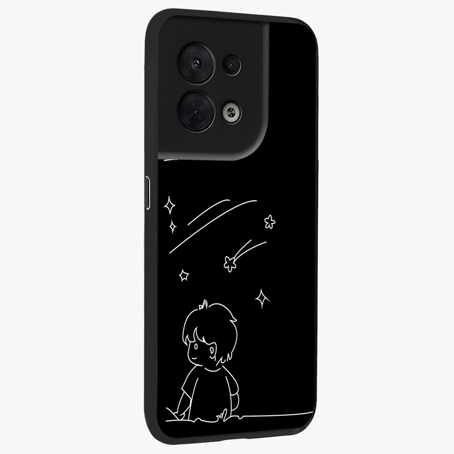 Line Art Boy With Shooting Stars Glass Case upright view showcasing artistic shooting star illustration with minimal style.