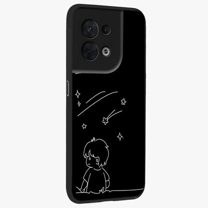 Line Art Boy With Shooting Stars Glass Case upright view showcasing artistic shooting star illustration with minimal style.