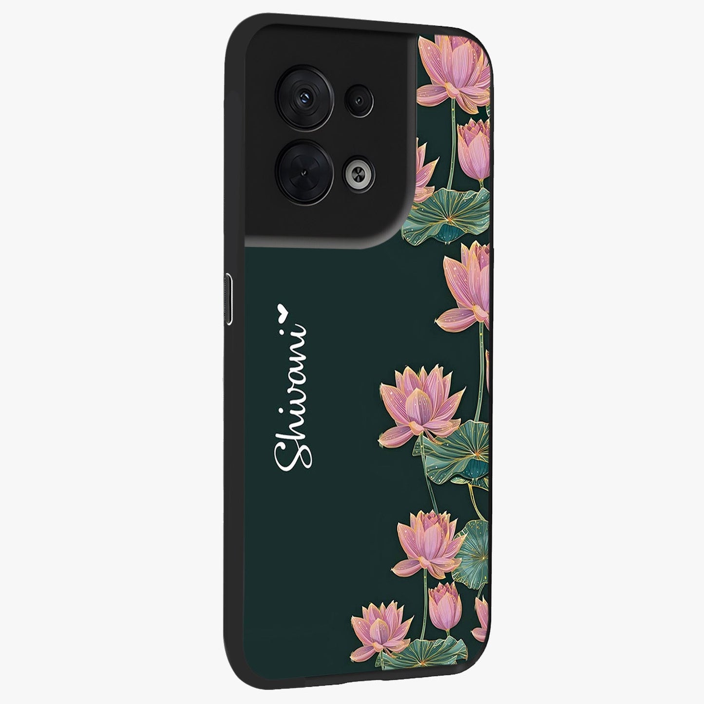Lotus Bloom Serenity Custom Name Glass Case upright view showcasing serene lotus bloom artwork with personalized floral aesthetic.