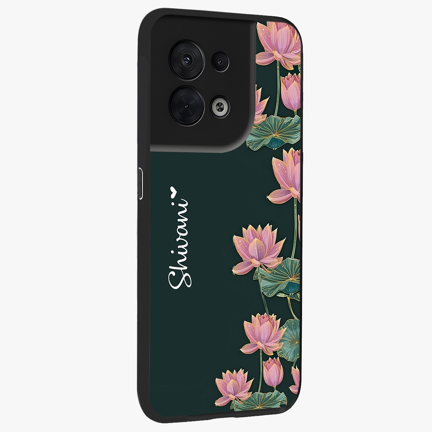 Lotus Bloom Serenity Custom Name Glass Case upright view showcasing serene lotus bloom artwork with personalized floral aesthetic.