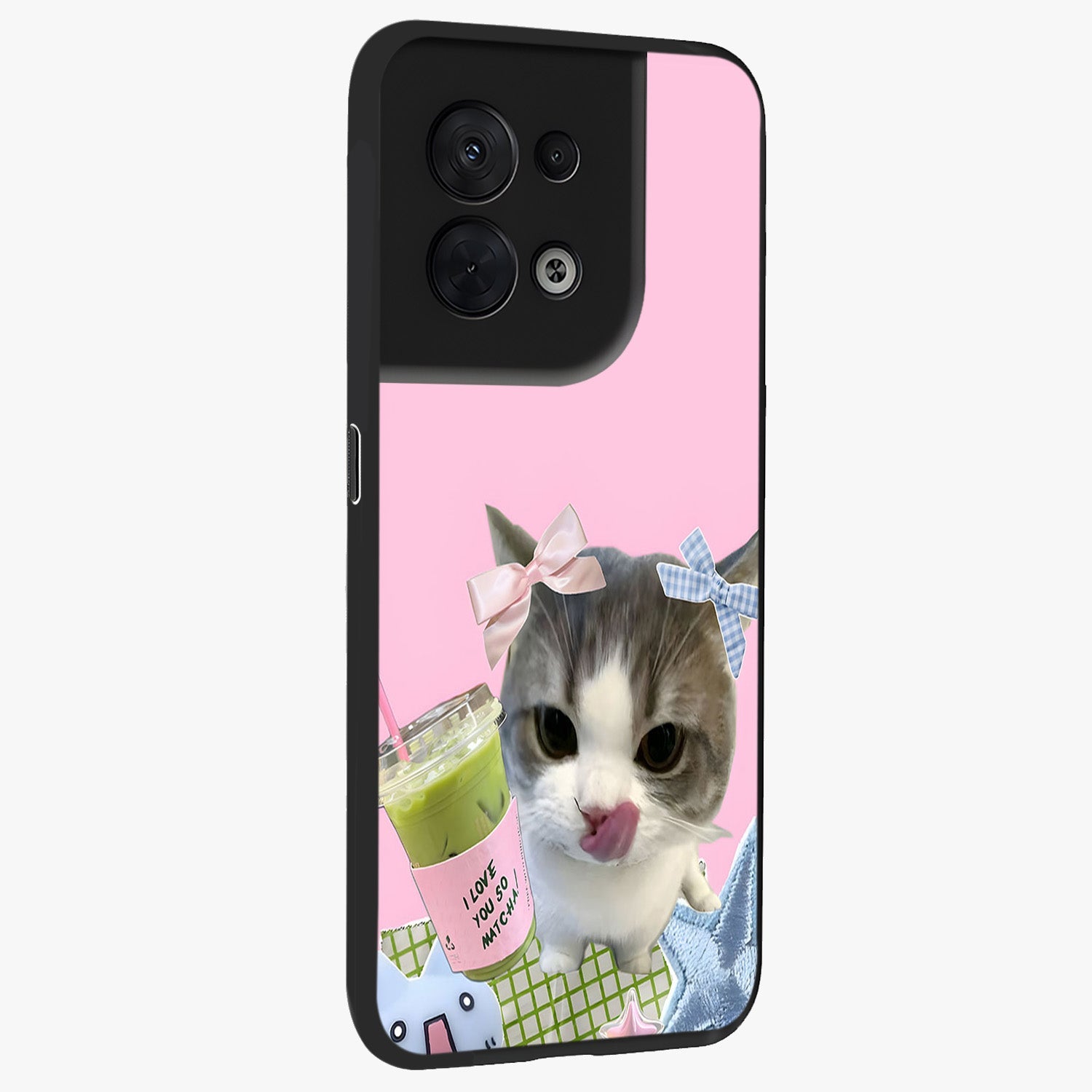 Love Matcha Cat Glass Case upright view showcasing adorable cat artwork with charming matcha themed design.