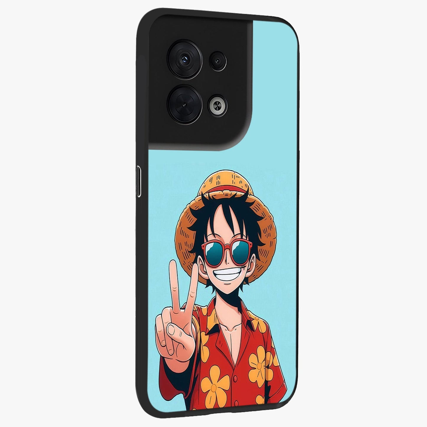 Luffy Summer Anime Vibe Glass Case upright view showcasing dynamic anime artwork with bright adventurous theme.
