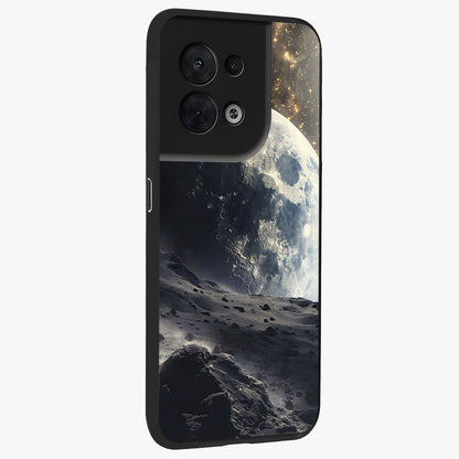 Lunar Horizon Glow Glass Case upright view showcasing radiant lunar artwork with calm cosmic theme.