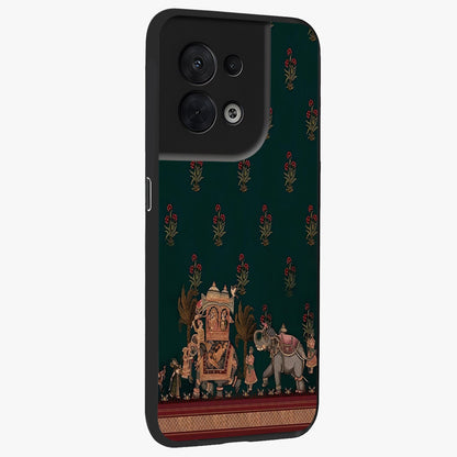 Macmerise Glass Case upright view showcasing bold artistic artwork with contemporary design theme.
