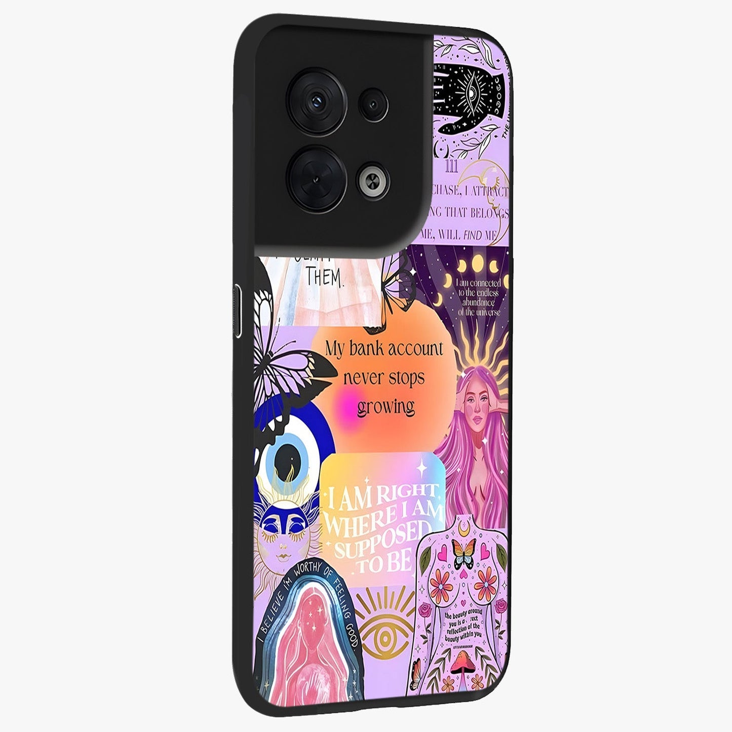 Manifestation Collage Glass Case upright view showcasing artistic manifestation themed artwork with creative style.