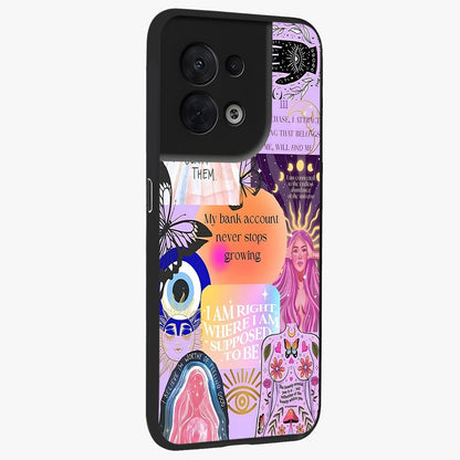 Manifestation Collage Glass Case upright view showcasing artistic manifestation themed artwork with creative style.