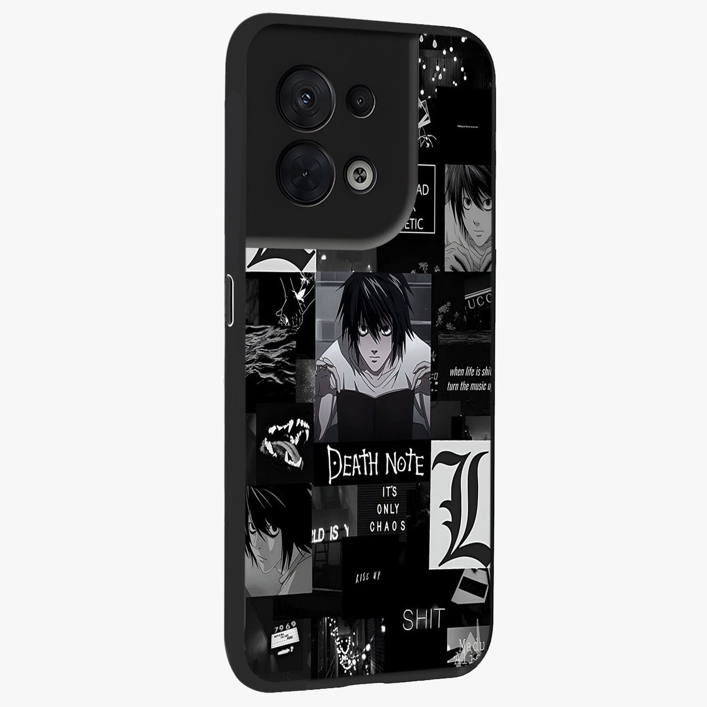 Midnight Chaos Mind Glass Case upright view showcasing expressive abstract artwork with bold dark theme.