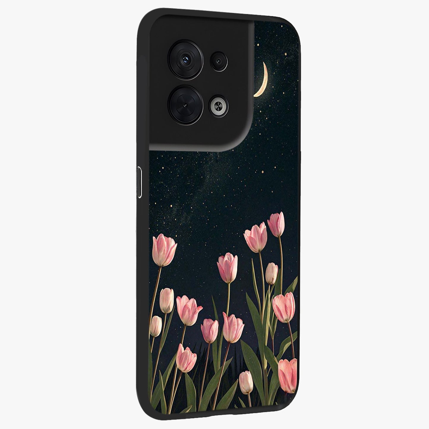 Midnight Tulip Whispers Vibe Glass Case upright view showcasing graceful tulip artwork with calm botanical theme.