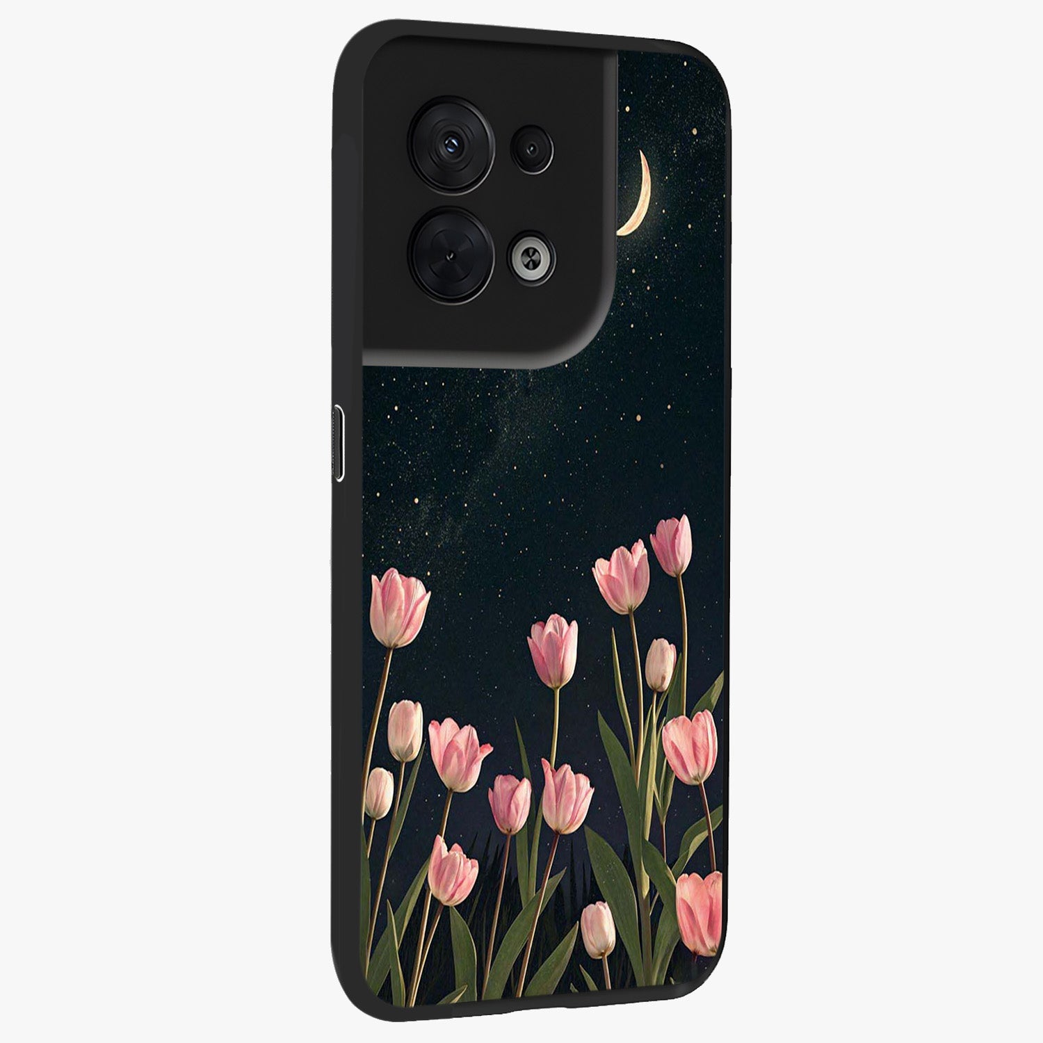 Midnight Tulip Whispers Vibe Glass Case upright view showcasing graceful tulip artwork with calm botanical theme.