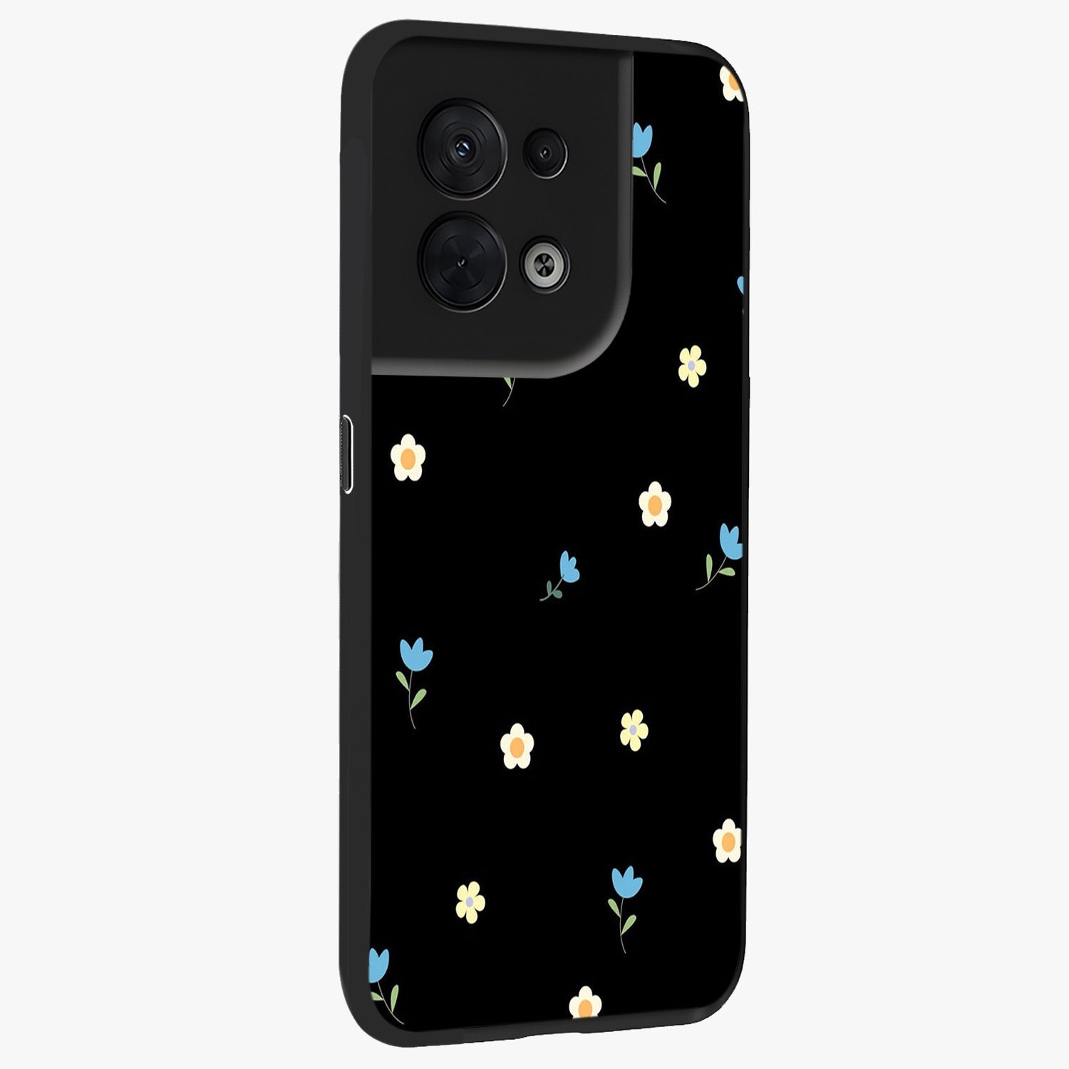Minimal Petal Whispers Glass Case upright view showcasing elegant floral artwork with modern minimalist style.