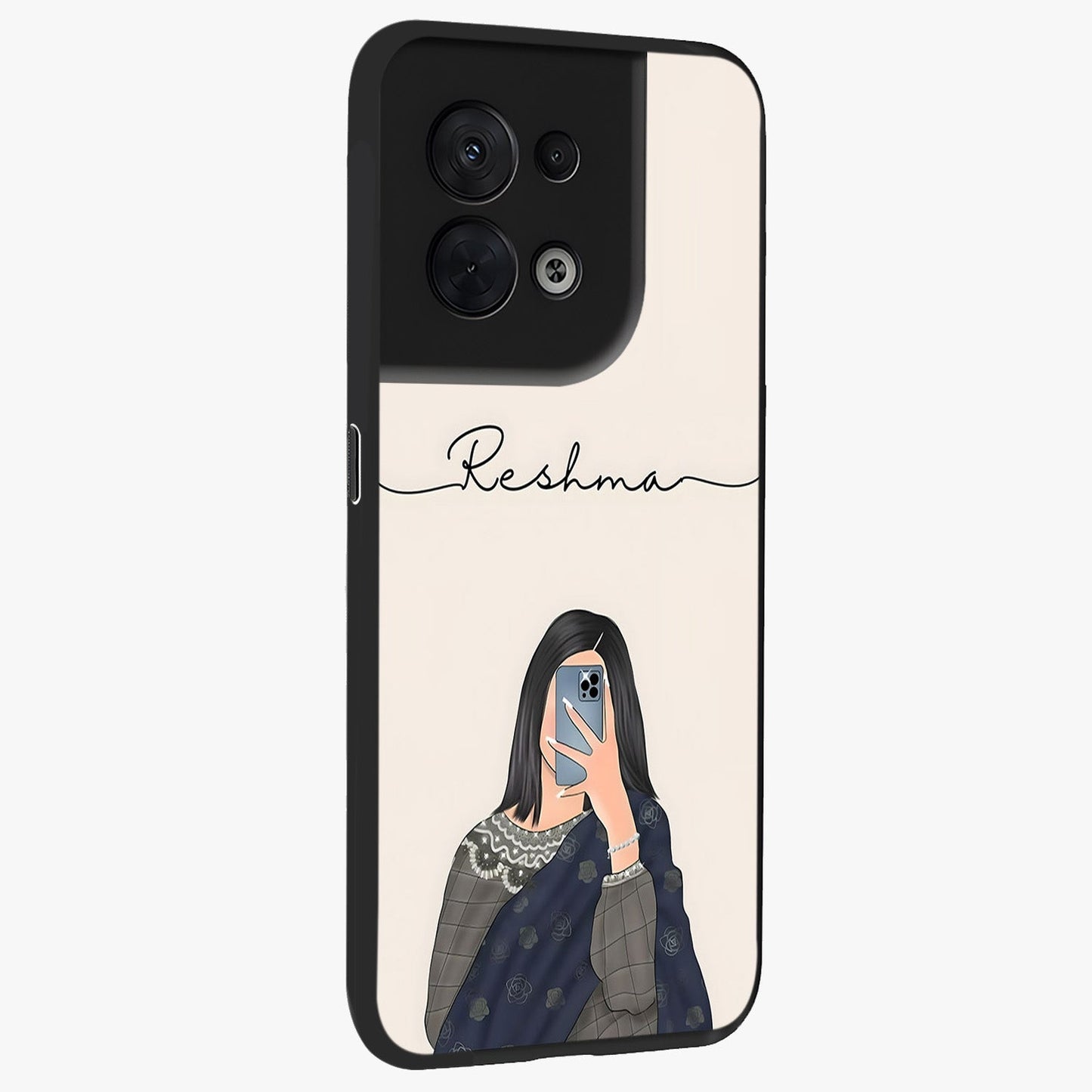 Mirror Mood Muse With Custom Name Glass Case upright view showcasing artistic mirror themed artwork with personalized aesthetic.