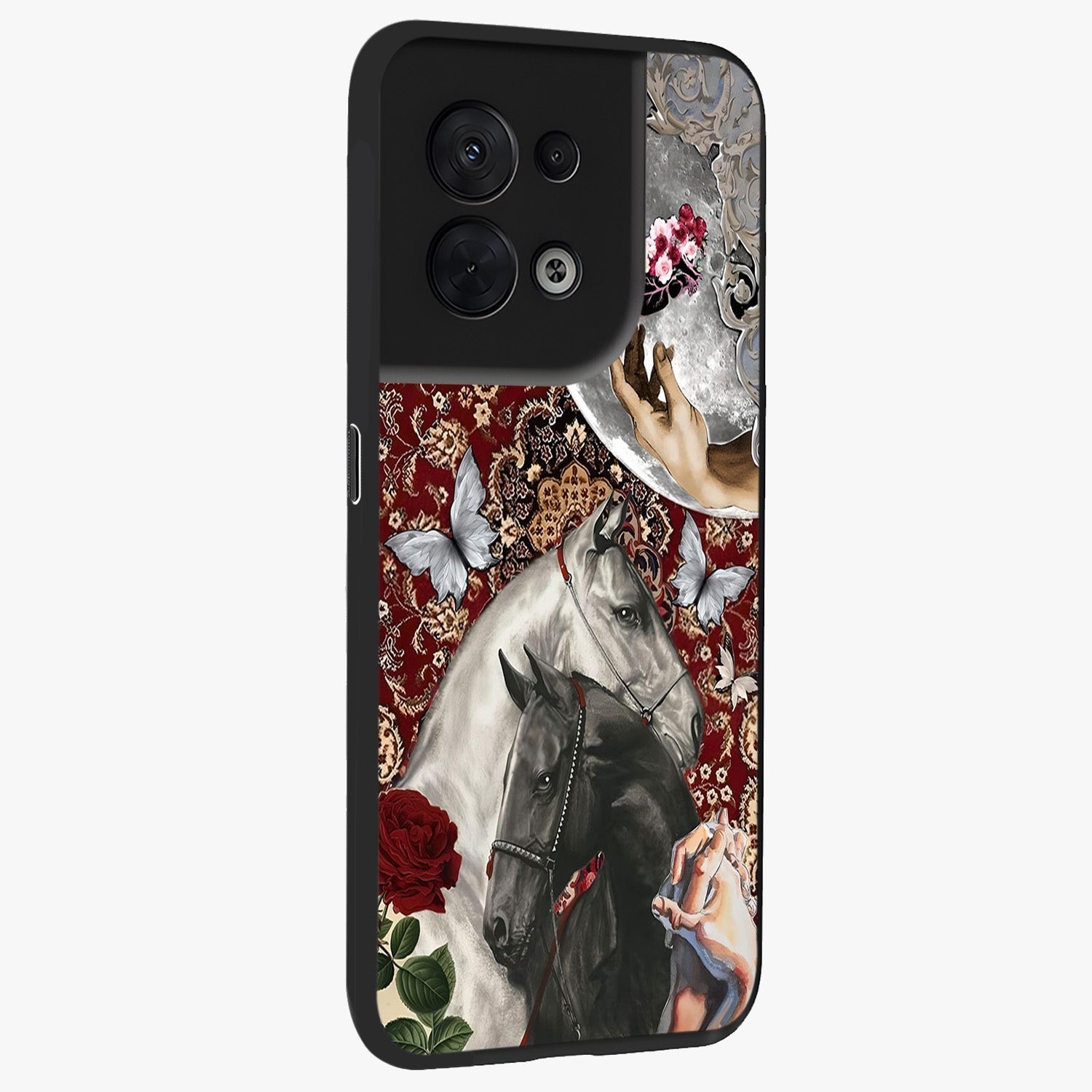Moonlit Royal Stallion Glass Case upright view showcasing dramatic horse artwork with glowing moon themed design.